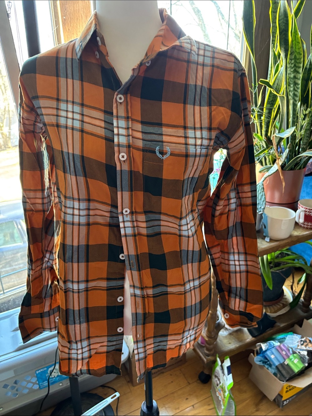 Fred Perry Orange and Black Plaid Button-Down Shirt